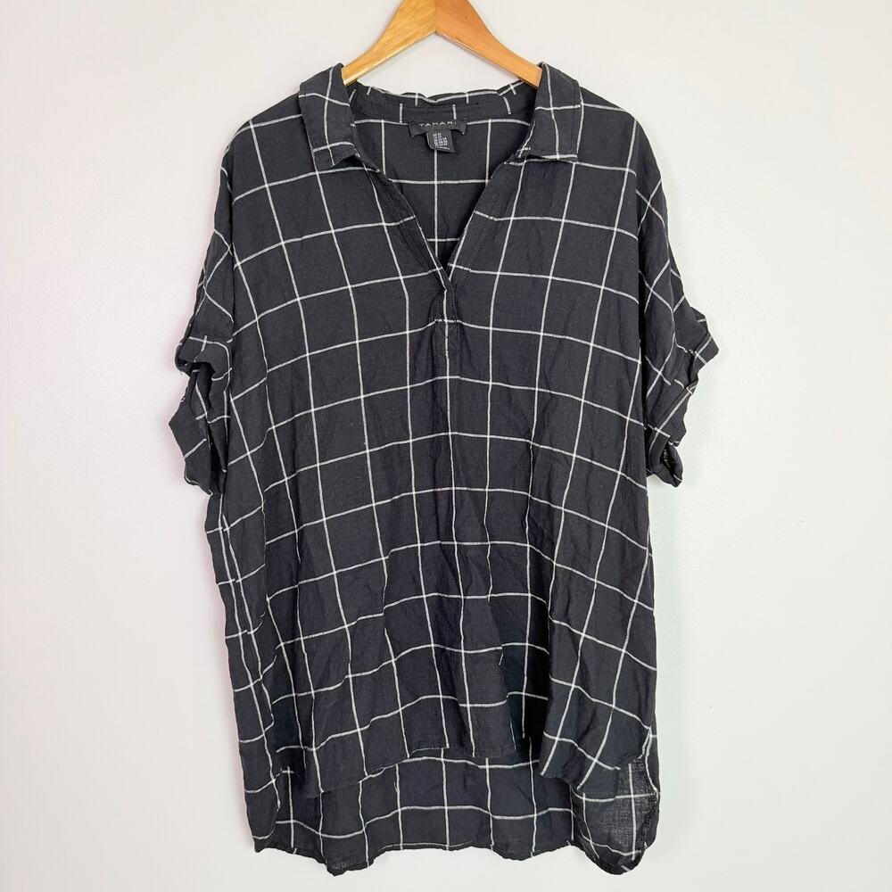 Tahari Linen Blend Popover Tunic Women's 2X Black Windowpane Oversized Shirt - Picture 3 of 11